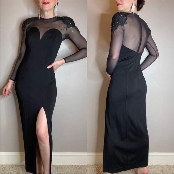 Showstopper Vintage Tadashi Shoji Dress Mesh Sheer Illusion Long Sleeve Gown M - Picture 5 of 13